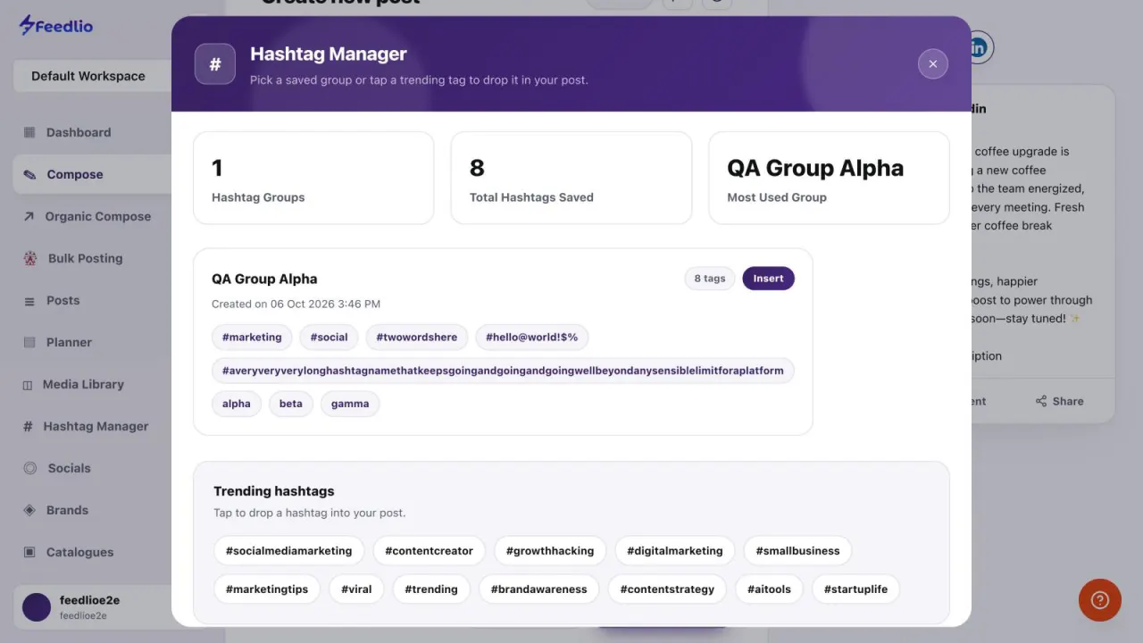 Screenshot: Insert hashtag groups