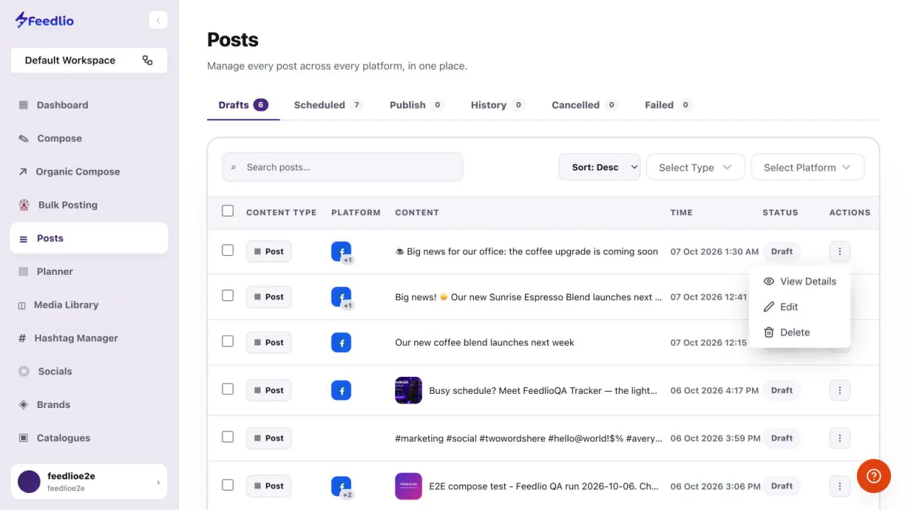 Screenshot: Draft actions